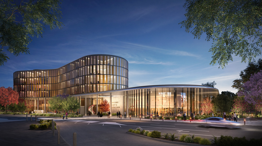 Front view architectural rendering of the Penrith Panthers Western Sydney Conference, Community Centres and Hotel
